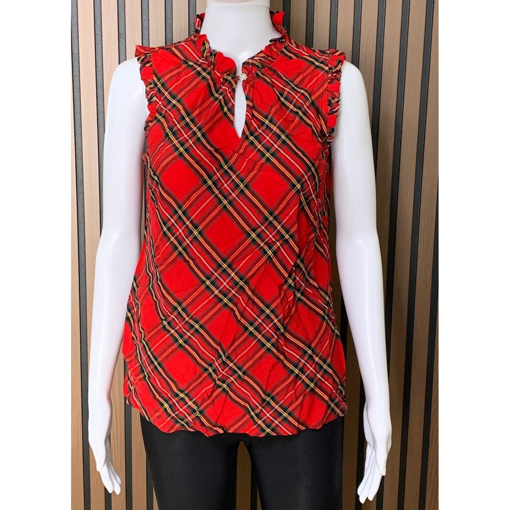 Talbots Red Plaid Ruffle Neck Sleeveless Blouse Metallic Keyhole XS Holiday